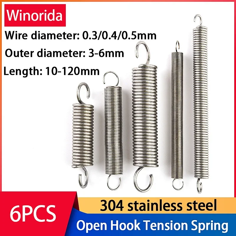 6Pcs Wire Diameter 0.3mm 0.4mm 0.5mm  Stainless Steel  Open Hook Tension Spring Hook spring Extension Spring