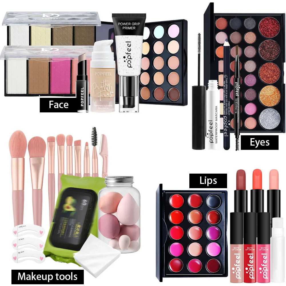 24pcs Full Makeup Set Lipstick Eyeshadow Eyeliner Highlight Korean Cosmetics Kit Make-up for Women Makeup Puff Eyebrow Pencil