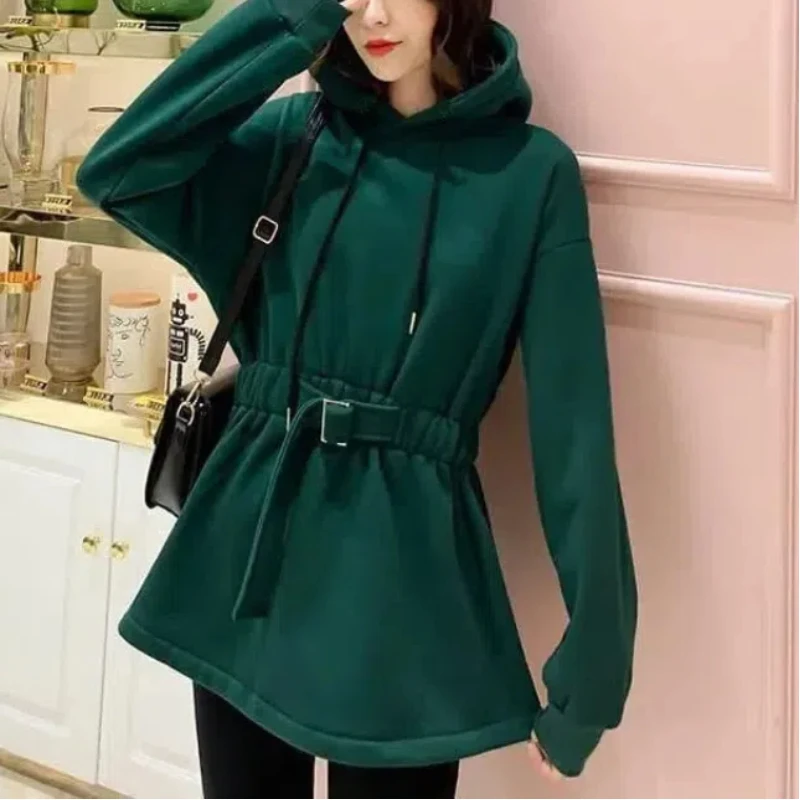 New Women\'s Autumn and Winter with Thick Velvet Solid Color Fashionable and Versatile Waist Cinched Hooded Top Loose Jacket