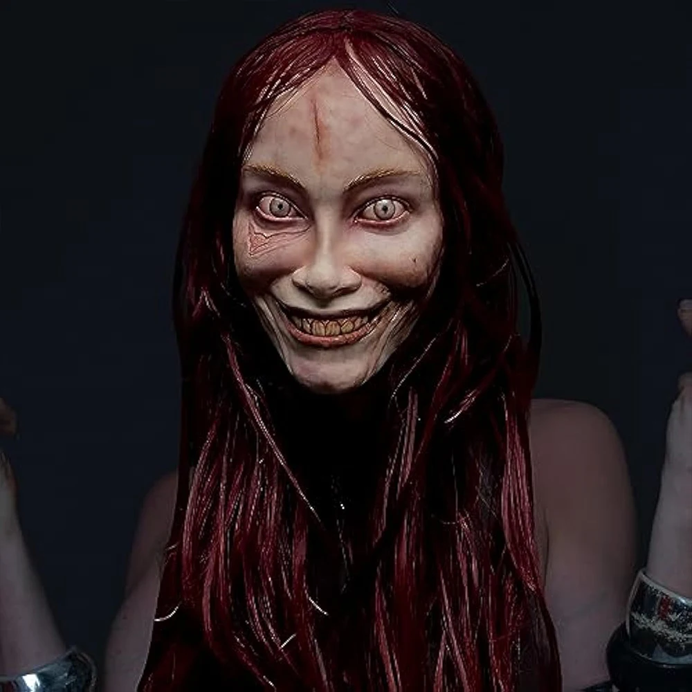 Red Haired Scary Ghost Halloween Mask with Creepy Smile Horror Movie White Lady Latex Head Cover  Cosplay Party Terrifying Prop