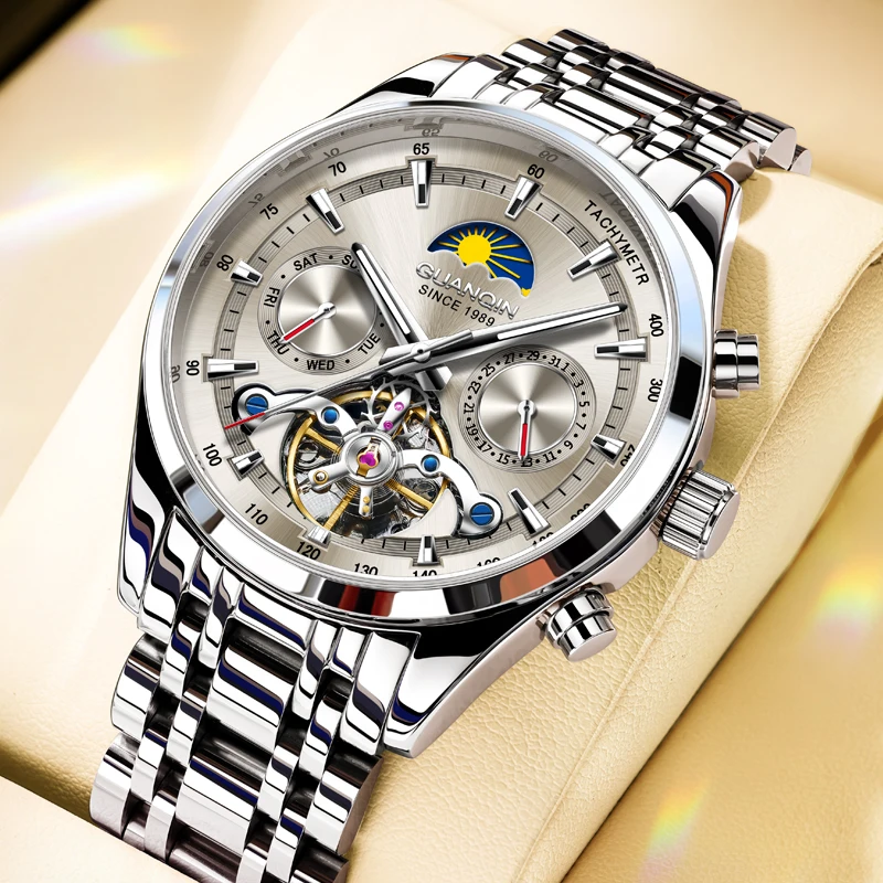 

GUANQIN Роскошные новые многофункциональные мужские механические часы, оригинальные водонепроницаемые светящиеся часы с автоматическим механизмом и турбийоном