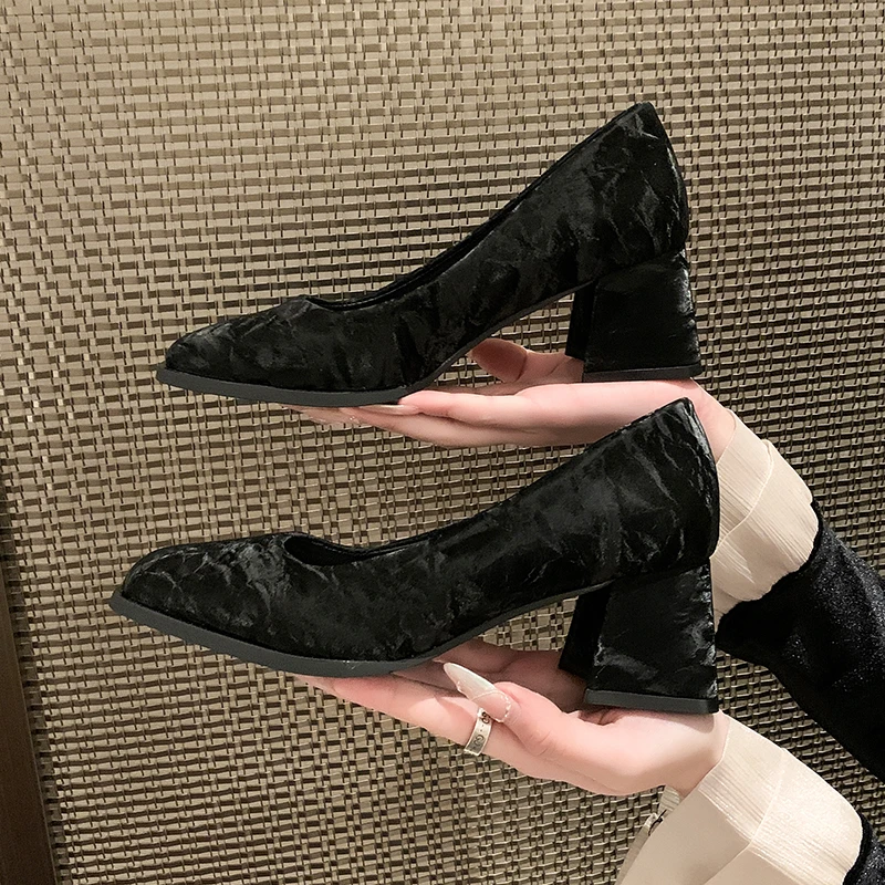 موضة ساحة تو مضخة النساء حذا فردي للسيدات أنيقة مكتب النساء كعب سميك الربيع حفلة الكرة أحذية ماري جين أحذية عالية الكعب #2