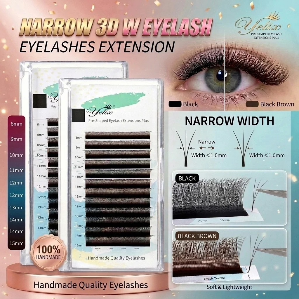 Yelix Black/Black Brown Smaller Spacing 3D-W Lashes Premium Narrow 3D W Shape Eyelashes Soft Lightweight Premade Fans Faux Cils