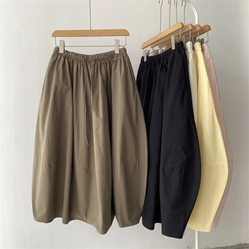 

Ele High Waist Elastic Waist Dstring Loose Lazy A-Line Skirt Women's Summer New Sle Pure Color Midi Skirt