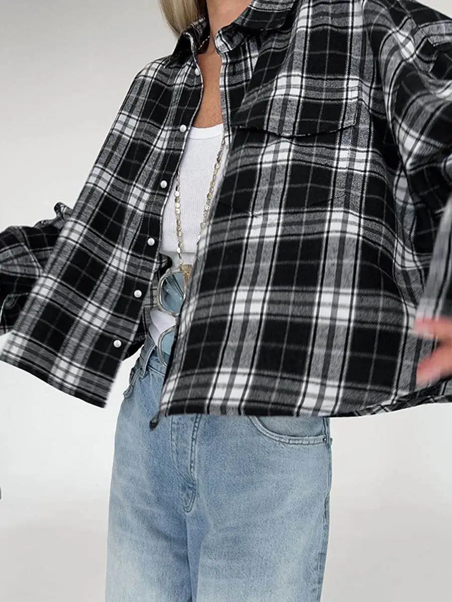 

American Loose Casual Bla White Cheered Women's irt Long Sve Turn-down Collar Commute Sle Autumn Season Faion
