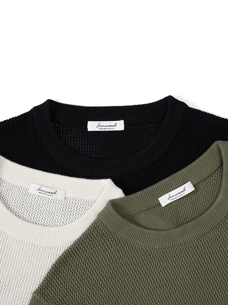 SIMWOOD 2024 Summer New Knitted Tops Men Breathable Chest Pockets T-shirts Plus Size 100% Cotton Brand Clothing