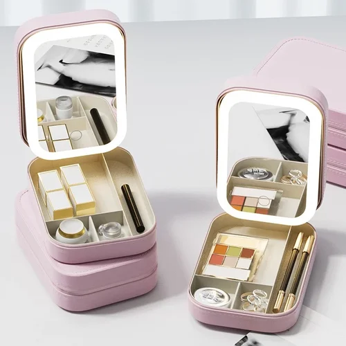 Imagen 2 del producto Estuche de cosméticos LED inteligente con espejo, bolsa de maquillaje de viaje, pequeño y bonito producto para el cuidado de la piel de esteticista, estuche de maquillaje para mujer