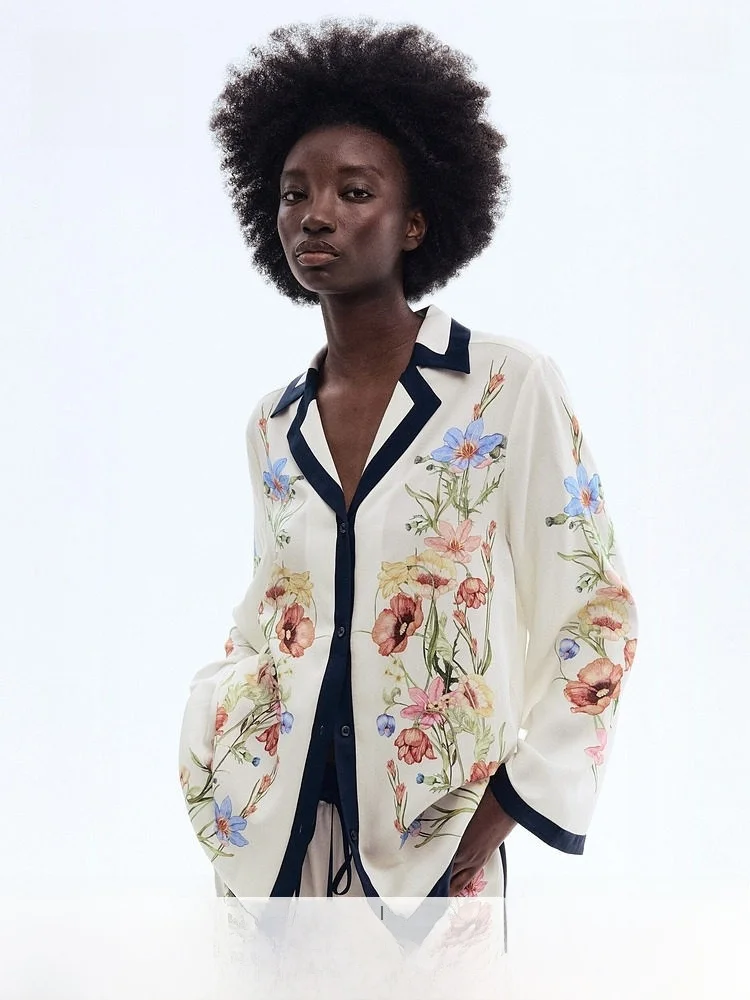 

H&M Новая весенняя женская рубашка из лиоцелла с кубинским воротником и принтом, повседневная, свободного кроя, с длинными рукавами, на пуговицах, модель 326927