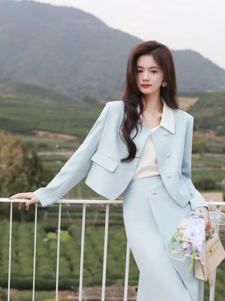 Korea Casual Blazer Outfits Spring Elegant Office Lady Chic Two Piece Sets Long Sleeve Shorts Coat +High Waist Midi Skirts Suit