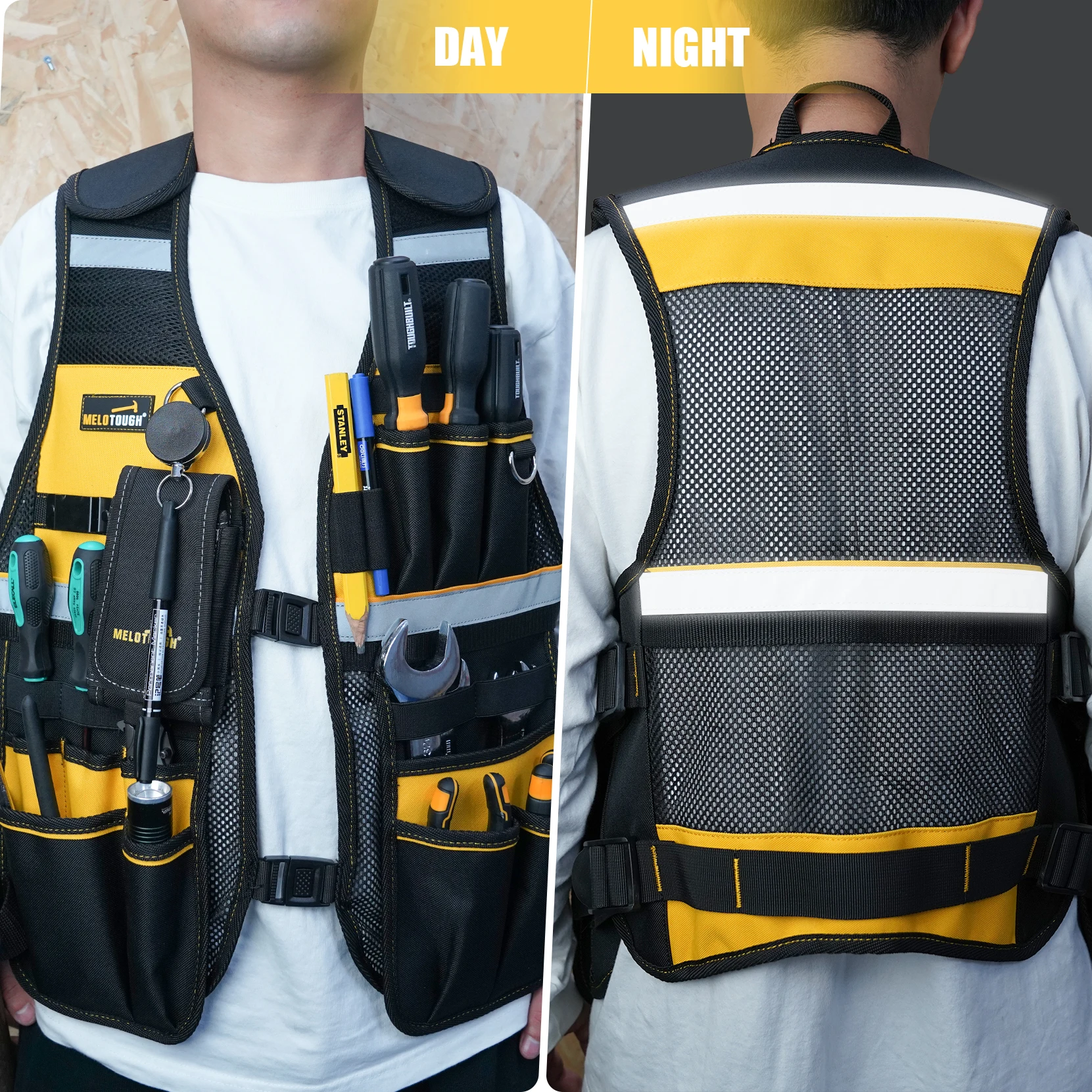 MELOTOUGH Tool Vest Reflective Safety Tool Vest with Removable Phone Holder for Electrician,Carpenter,Construction