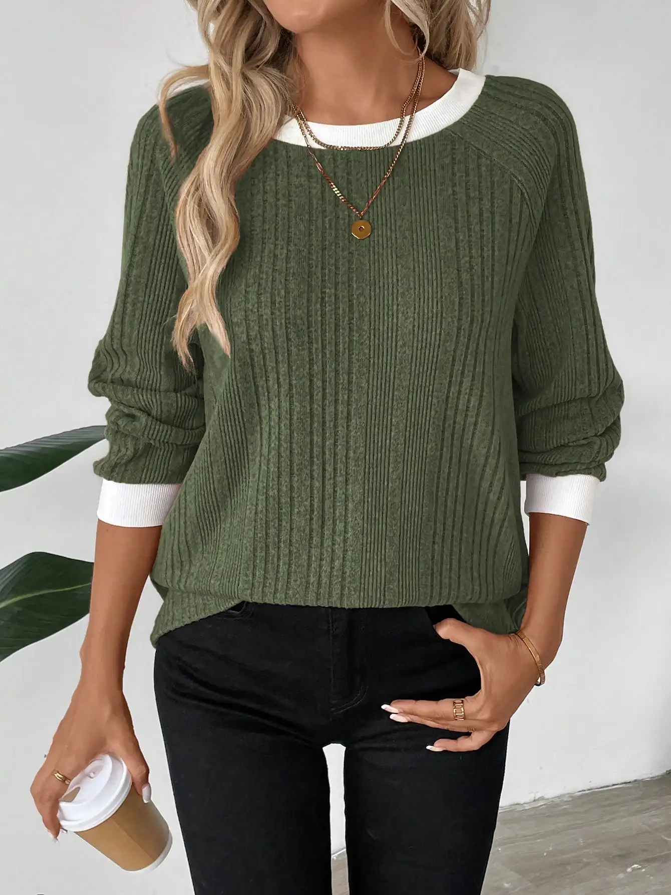 

Women's Ribbed Crew Neck Long Sleeve Sweater with Contrast White Trim, Autumn Winter Casual Top
