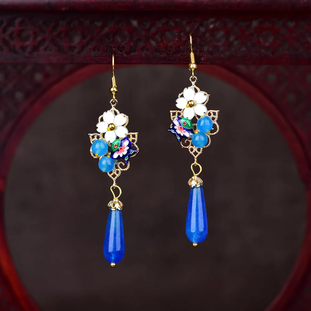 

Chinese Style Ethnic Retro Copper Cloisonne Blue Beads Flower Earrings for Women Accessories 8cm