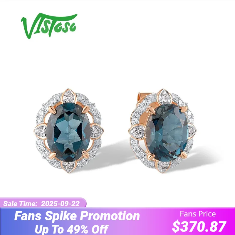 

VISTOSO Real 14K 585 Rose Gold Stud Earrings For Women Sparkling Diamond London Blue Topaz Elegant Wedding Gifts Fine Jewelry