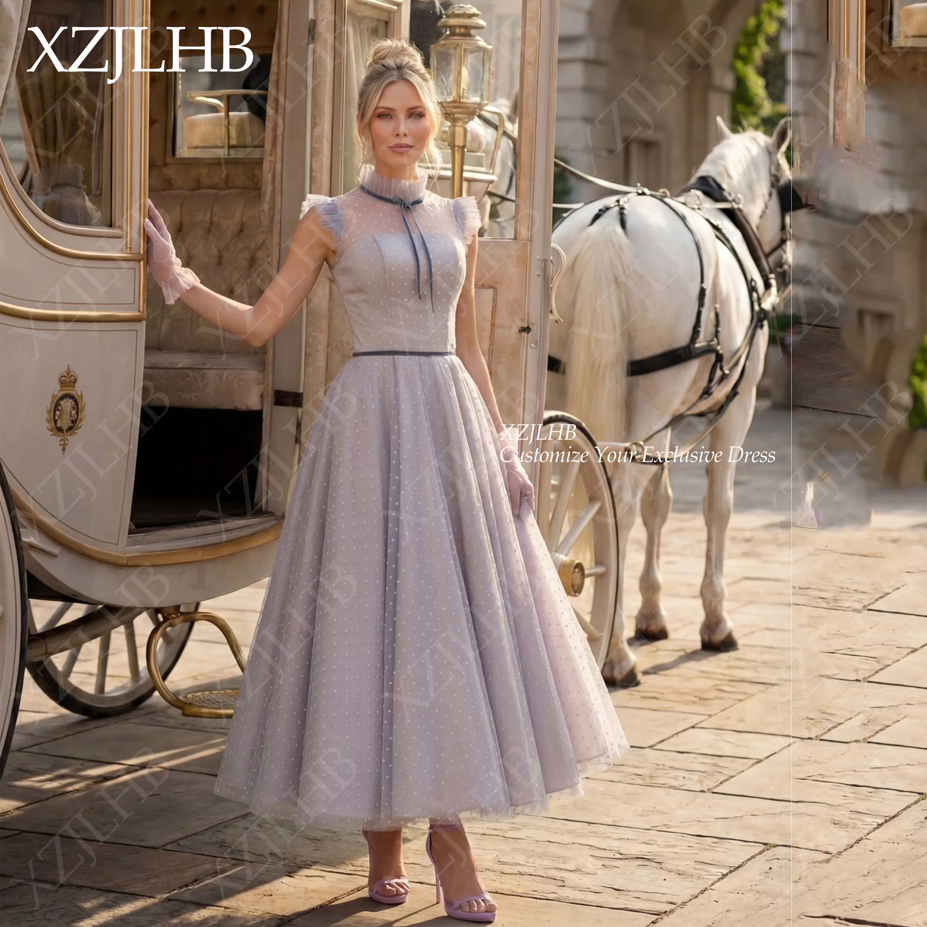 XZJLHB Customized Point Tulle Homecoming Dress High Neck Tea Length 2026 Occasion Gowns Cap Sleeves Backless Vestidos Fiesta