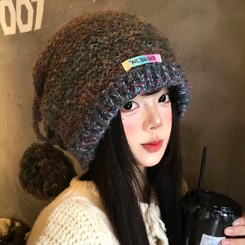 Niche Personality Mixed Color Fur Ball Design Pullover Knitted Hat Women Autumn and Winter Warm Ear Protection Strap Beanie Cap