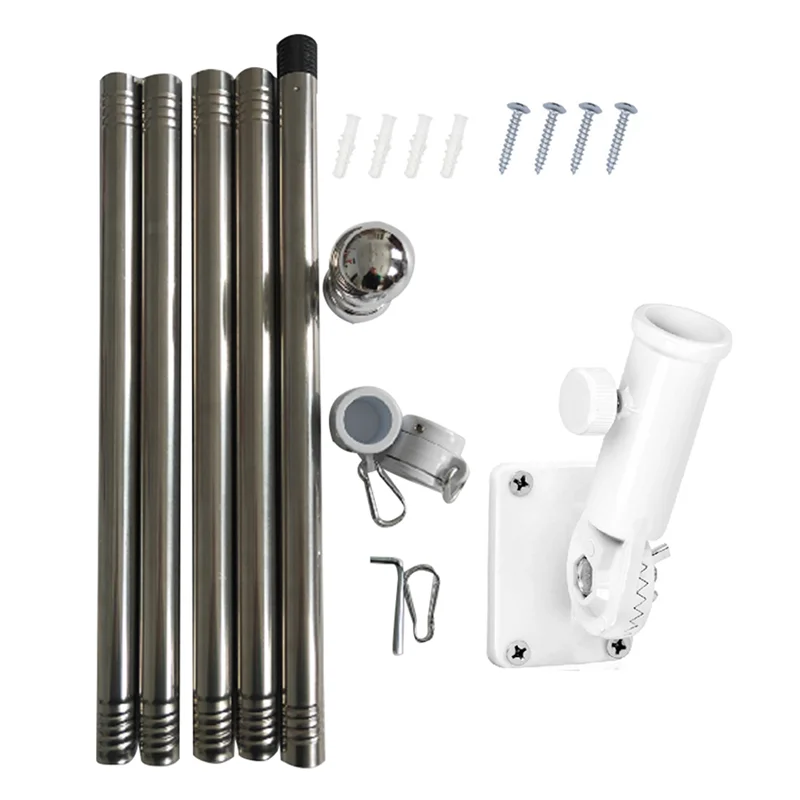 

1Set 6.4Ft Flag Pole+Adjustable Bracket For Garden For House Flag Pole Kit For Flag,Flag Pole Rings Silver&White-B60B