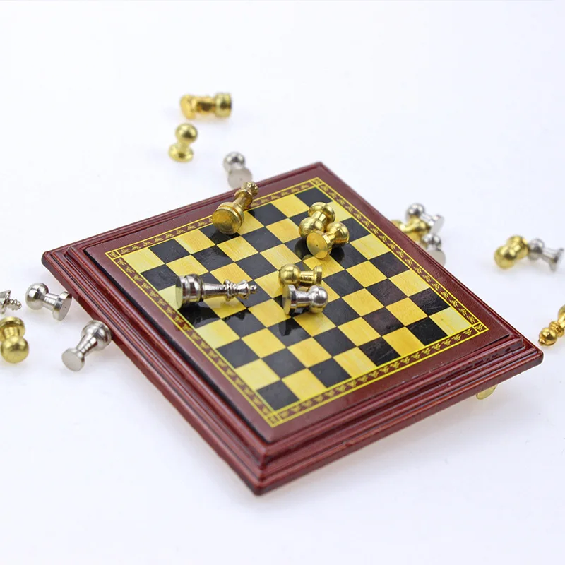 Dollhouse Mini Magnetic Copper Chess Miniature Items Desktop Ornament Doll House Study Accessories Fancy Toys Home Decorations