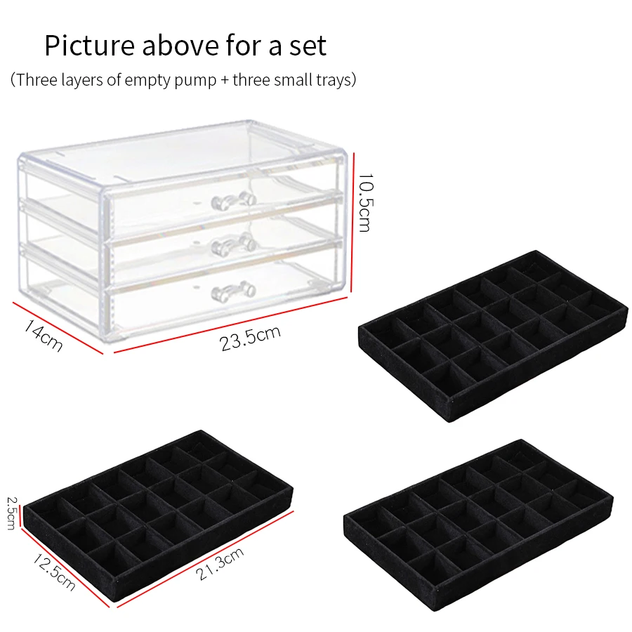 Black 54-grid velvet tray storage jewelry box with 3 layers - stud earrings, earrings, pendant necklaces, rings - for organizing