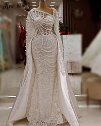 Ivory Full Pearls Evening Dresses With Detachable Train Luxury Arabic Satin Mermaid Wedding Party Gowns Robes de Mariages 2024