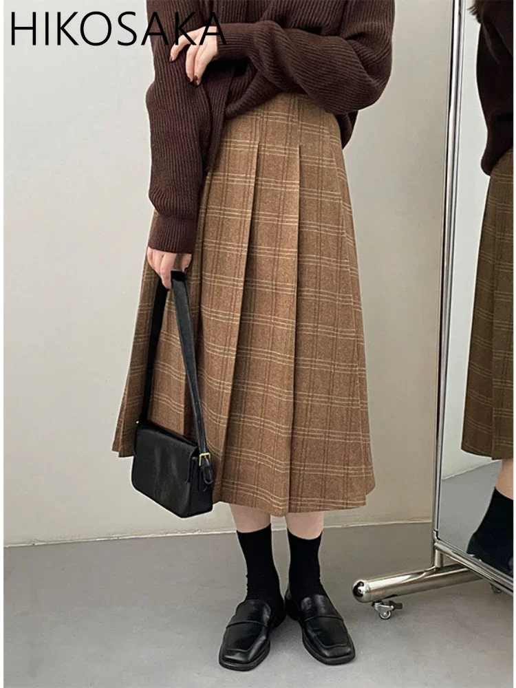 Vintage Pleated Plaid Skirts Women Korean Chic Casual High-waisted A-line Jupe 2024 Autumn Winter Korean Chic Faldas Mujer