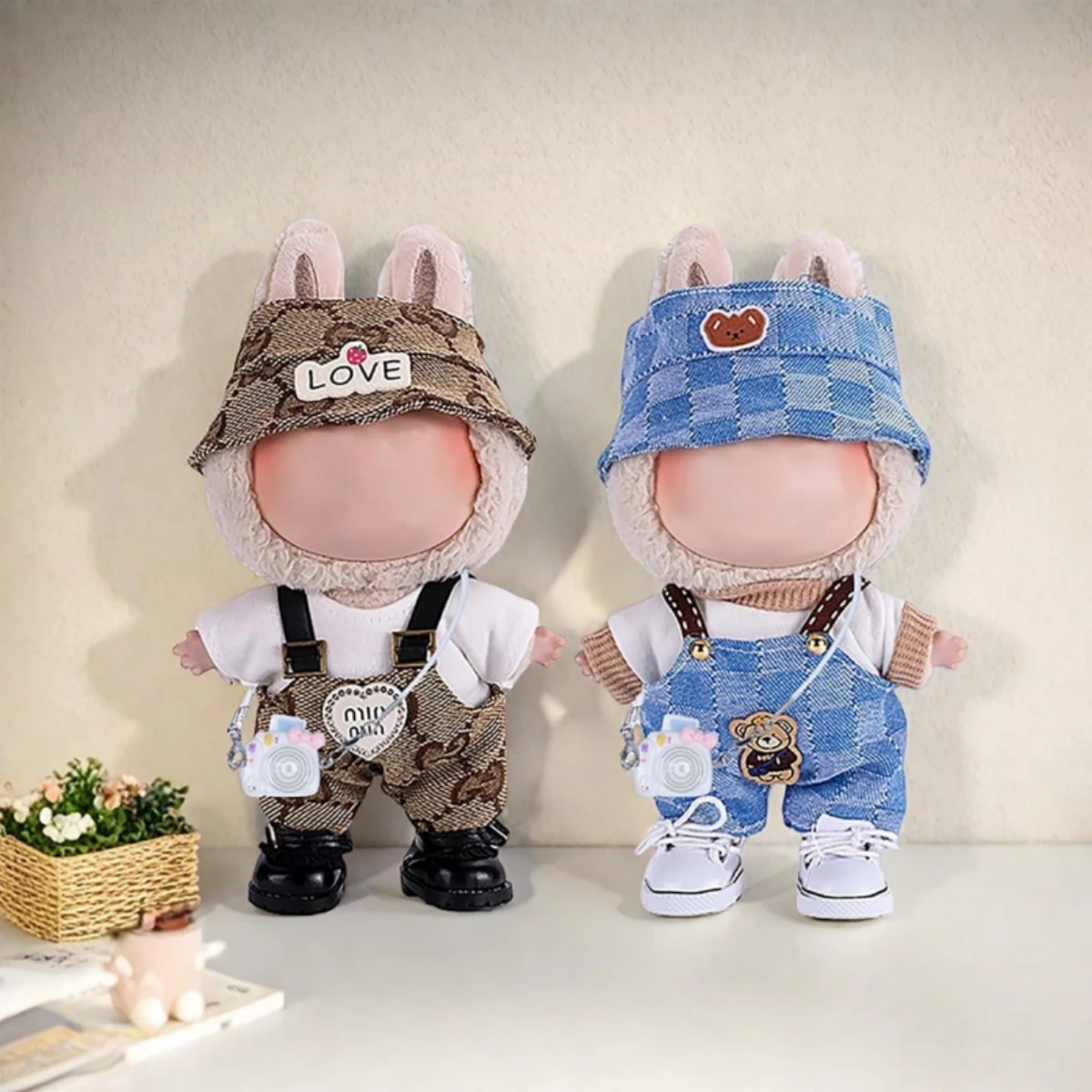 17cm Mini Doll'S Clothes Outfit Accessories For Labubu V1 V2 V3 Striped Overalls Hats Glasses Shoes Cool Handsome Clothing Gift