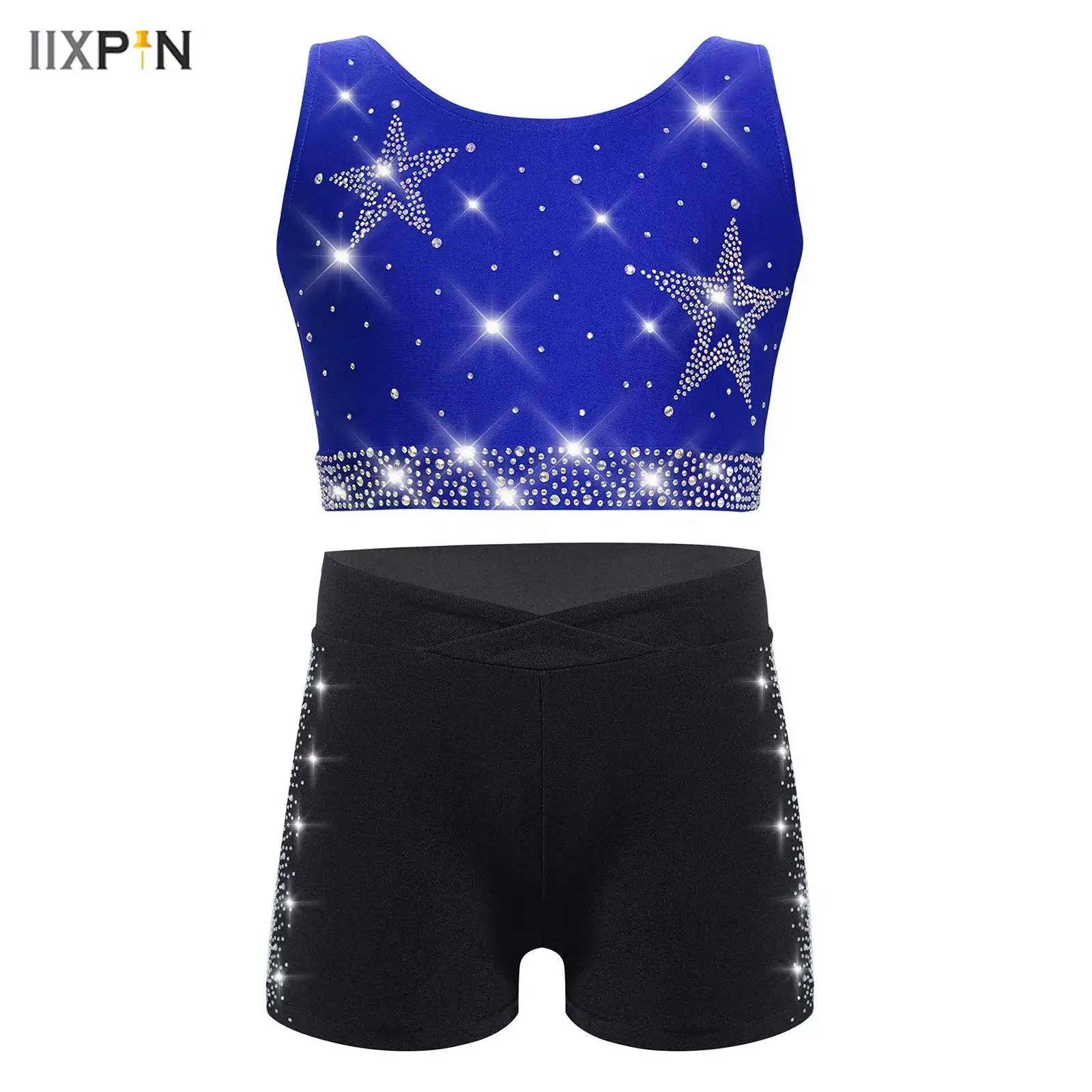 

Kids Girls Gymnastics Ballet Dance Outfit U Neck Crisscross Back Cropped Vest and Shorts Gym Yoga Workout Performance Dancewear