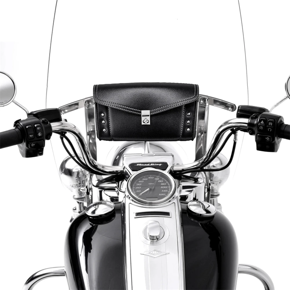 Motorcycle Leather Windshield Bag Windscreen Studded Pouch For Touring Road King Street Glide 1995-2022 Softail Storage Tool Bag