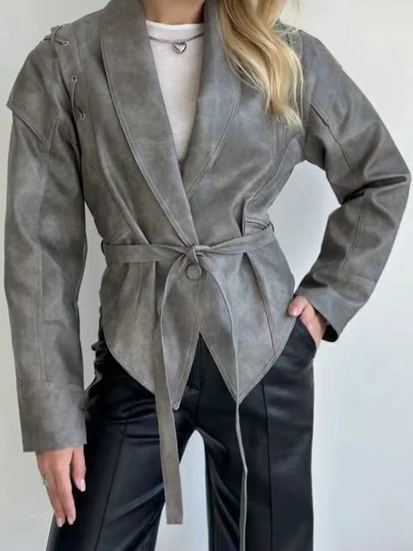 الموضة مزاجه التلبيب الدانتيل متابعة طويلة الأكمام سترة جلدية الخريف/الشتاء المرأة التنقل نمط ملابس خارجية