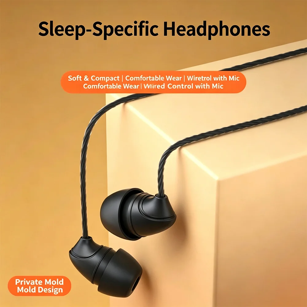 Sleep Wired Earphones Soft Silicone In-Ear Headphones Side Sleep No Ear Pain ASMR Headset with Mic Volume Control 1.2M