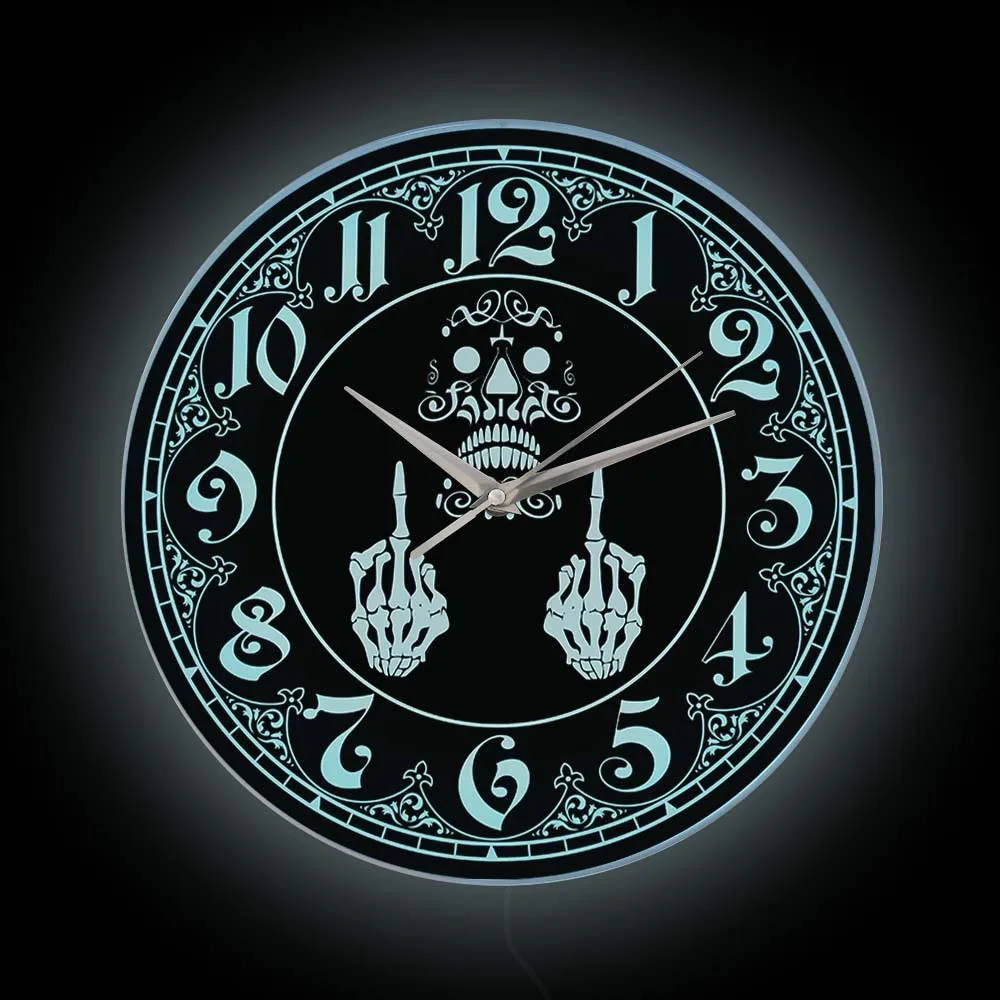 

Skeleton Middle Finger LED Wall Clock For Man Cave Vulgar Offensive Skull Halloween Home Decor Illuminated Display Lighted Clock