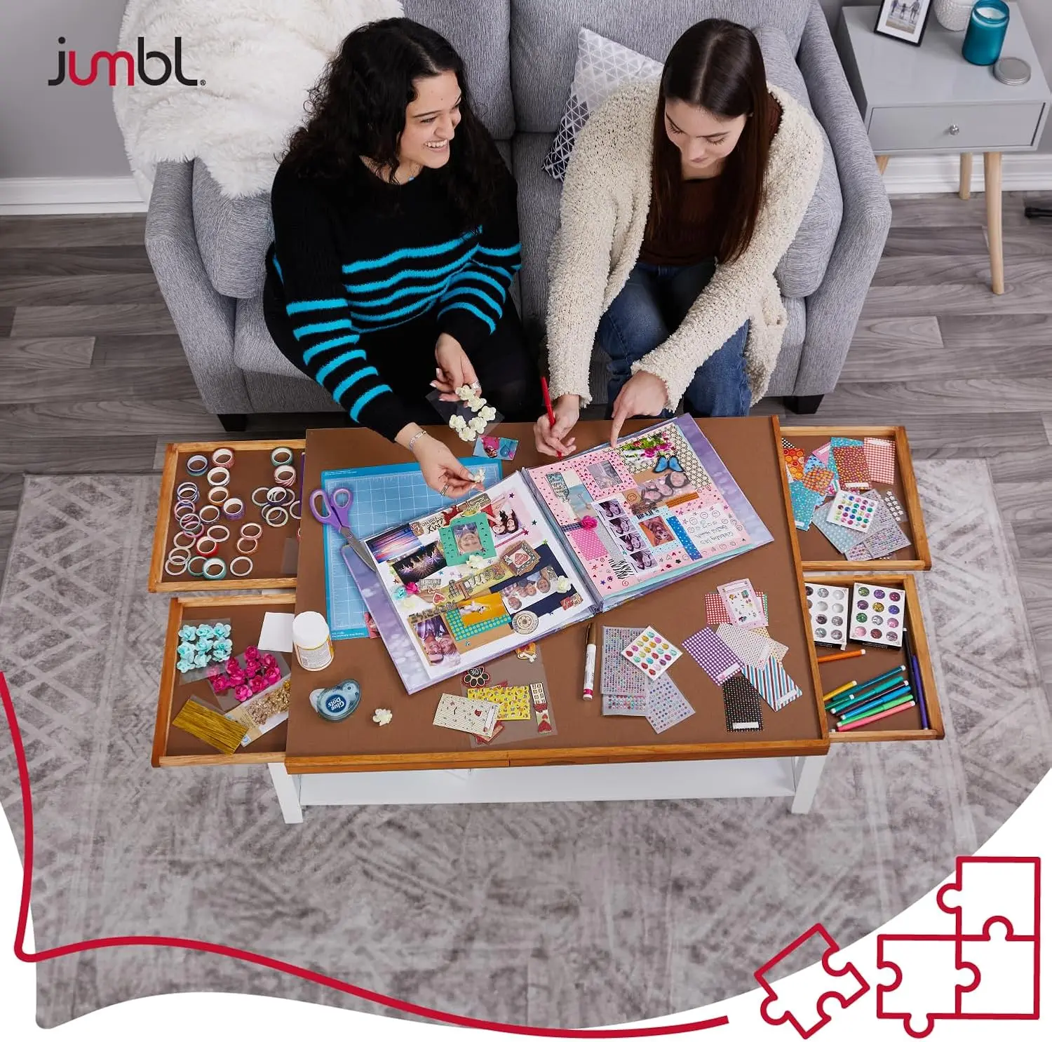 Planche de puzzle de 1500 pièces |   Table de puzzle 27" x 35" |   6 tiroirs de tri magnétiques amovibles |   Travaux en panneaux de fibres lisses