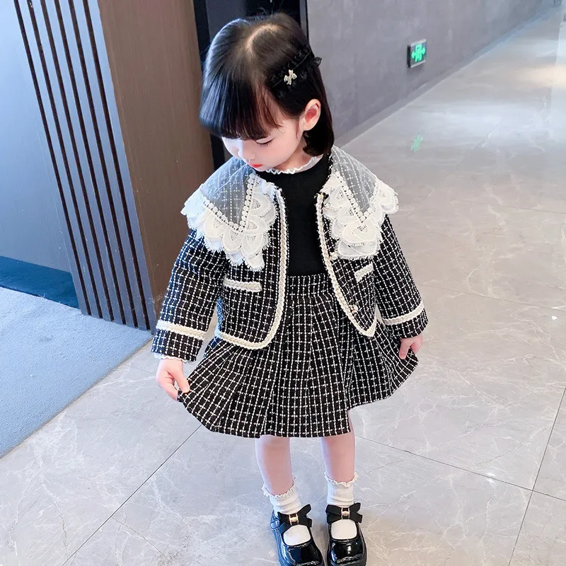 Childrens Set Girl Spring Autumn New Baby Loose Coat Lattice Two Pieces Turn Dwon Collar 2024 Lace Fashion Simple