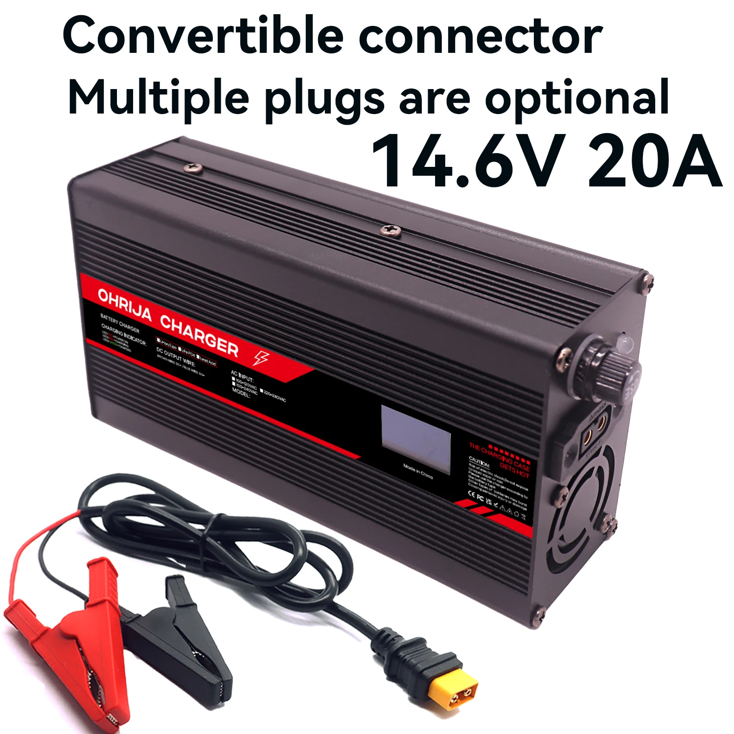 OLED Display 14.6V 20A Battery Charger for 4s LiFeP04 Battery Charger Has a Convertible Connector Fast, Safe, and Smart