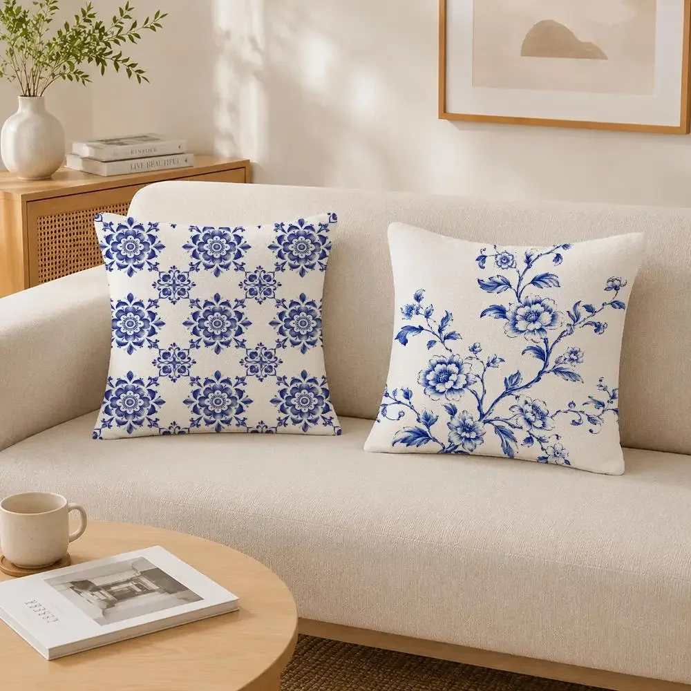 Blue and White Porcelain Cushion Cover Soft Fluffy Short Plush  Pillow Case Throw Decorativen for Sofa Bedroom Home Decor
