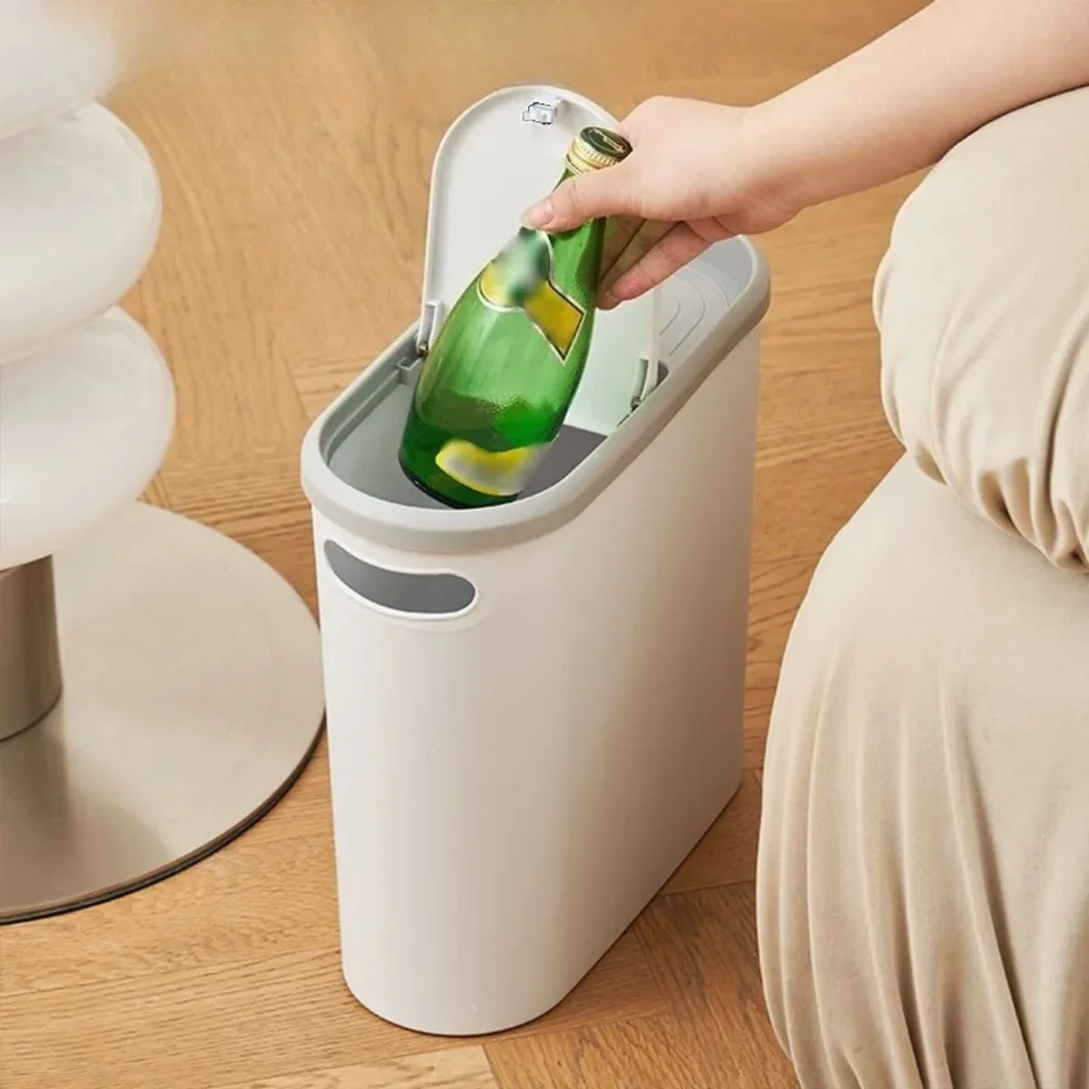 

Trash Can with Lid Garbage Bin Smart Waste Basket Large Capacity Plastic Kitchen Bathroom Slim Space Saving Home Storage