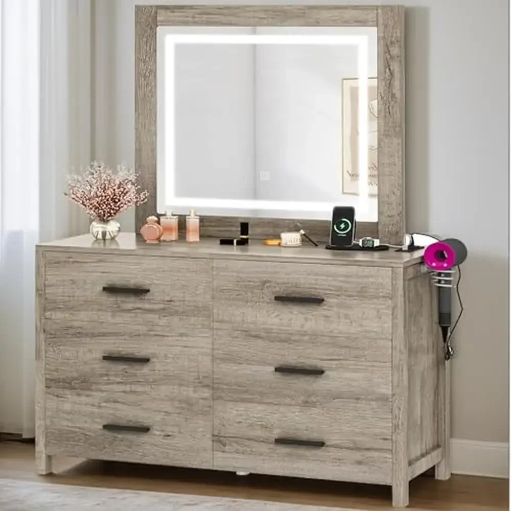 Makeup Vanity Desk with Mirror and Lights 6-Drawer Dressing Table Charge Station Hair Dryer Holder Adjustable Lights Gray Maple