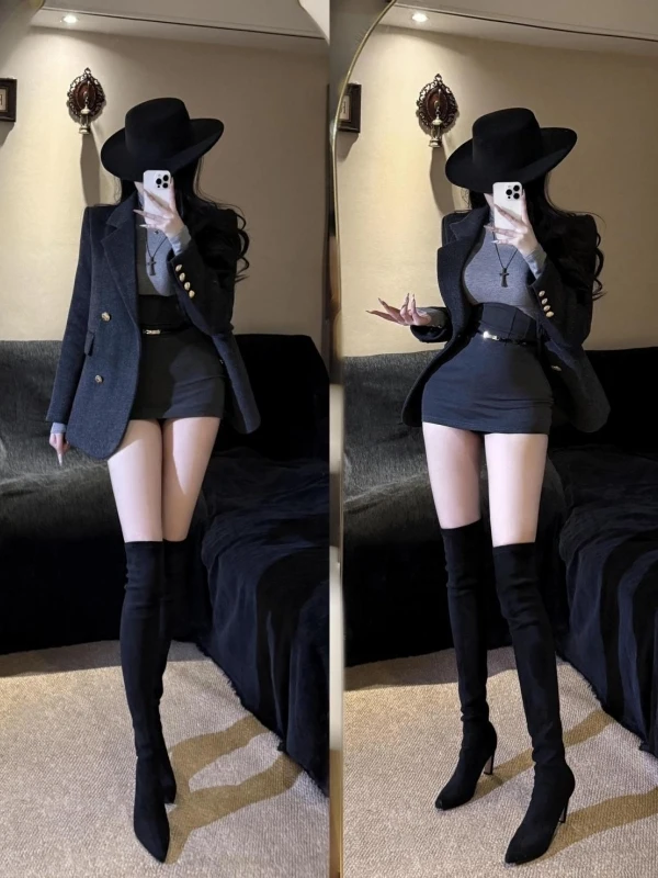 

Autumn Winter Grey Woolen Suit Jacket High Collar Base Layer Shirt Sexy Butt Covering Skirt Three Piece Set for Trendy Women