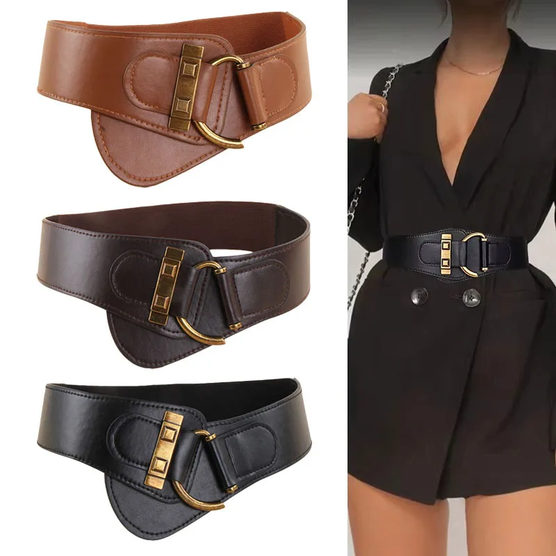 1 cintura larga con fibbia in metallo elegante cintura elastica in PU tendenza da donna, design elegante e leggero per abiti, cappotti e abiti