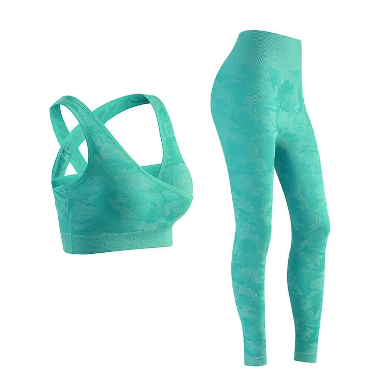 2024 New 2 Piece Sport Suit Camo Seamless Yoga Set Women Fitness Clothing Sportswear High Waist Gym Leggings Tights Workout Bra