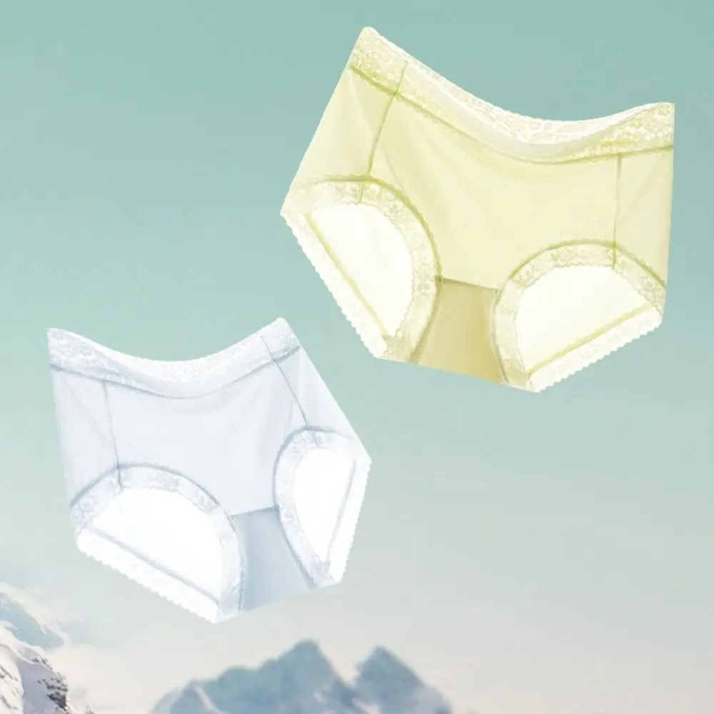 6Pcs Mesh Thin Ice Silk Panties Mid Waist Cotton Crotch Seamless Lace Briefs Underpants Transparent Underwear for Women Lady
