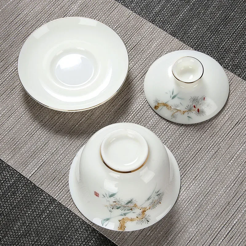 White Jade Porcelain Tea Bowl, Tea Cup and Saucer, Gaiwan, High-End Chinese Household Tea Set, Ceramic Puer Teacups, Tureen