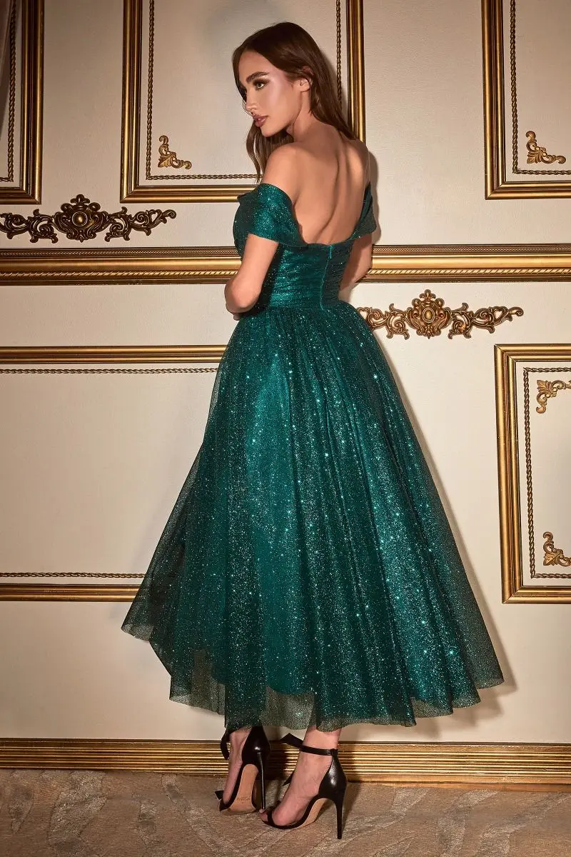 Tulle Off the Shoulder Prom Dresses A-line Sweetheart Sequins Pleats Party Dress Elegant Sleeveless Tea-Length Evening Gowns