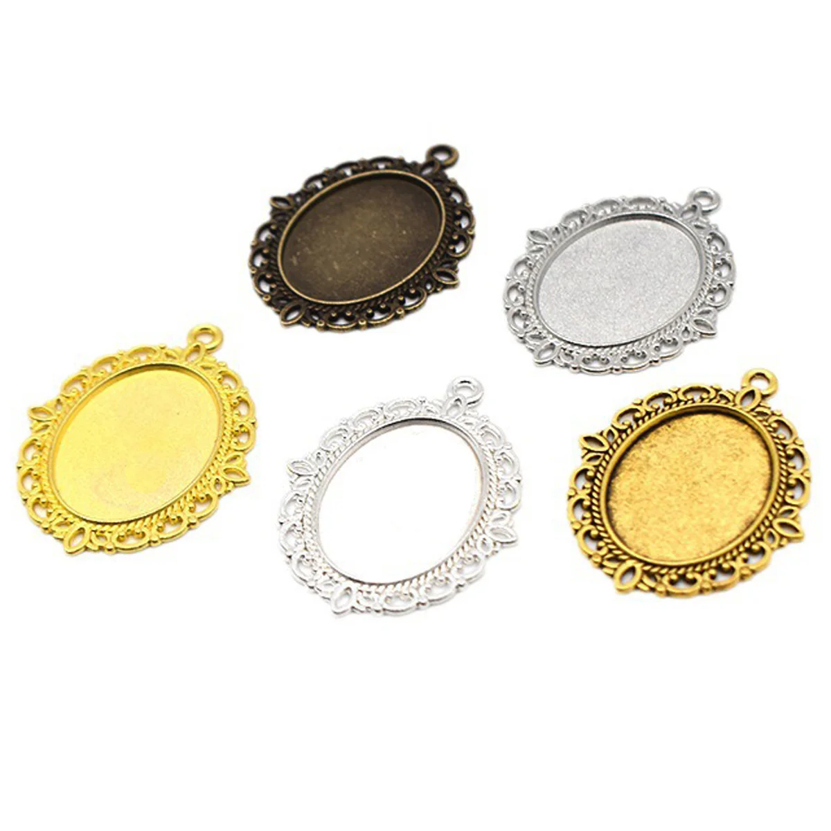 

100 шт., подвески, базовые заготовки, ободок, овальный цветок, кружево, золото, бронза, серебро, цвет, подходит для 18x25 мм, кабошон, драгоценный камея, поднос для установки 30x40 мм