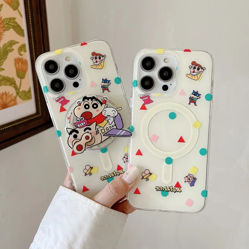 

3D anime Cute cartoon Crayon Shin -chan Magsafe Wireless Charging Case for iPhone 13 14 15 16 Pro Max Funny Magnetic Holder