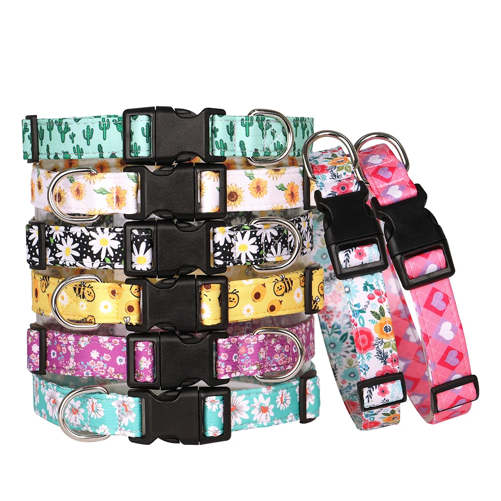 Nylon Print Dog Collar Adjustable Pet Collars Flower Print For Small Medium Large Dogs Chihuahua Pug Dog Accessories With D Ring