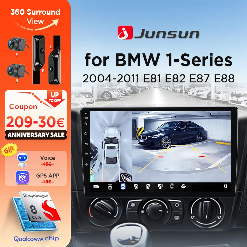 Junsun 360 °   Autoradio panoramique pour BMW Série 1 E87 E81 2004 - 2011 avec écran CarPlay sans fil, Android Auto, GPS et navigation