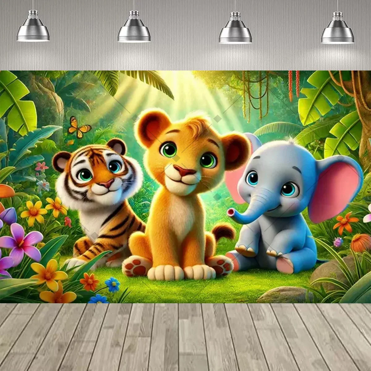 Lebendiger Dschungel-Tier-Party-Dekor-Hintergrund, niedlicher Löwe, Tiger, Elefant, Thema, Kindergeburtstag, Partyzubehör, Dekor, Banner, Baby-Taufe – Detail 6