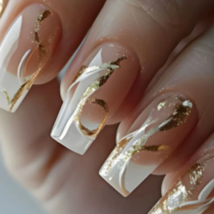 Full set of 24 medium-length ballet-style fake nails - featuring a frosted glitter totem pattern design, diverse styles, fashion