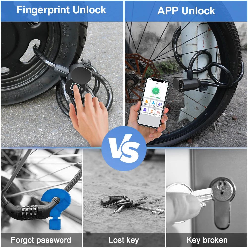 Fingerprint Chain Lock 150cm Phone App Cable Lock Outdoor Waterproof Anti-Theft Bike Bicycle Lock Remote Authorize