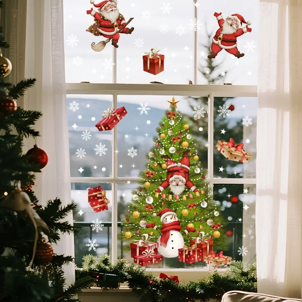 Christmas Window Stickers Pack Of 2 Sheets Double Sided Clings With Santa Claus Snowflakes Snowmen For Holiday Window Decoration